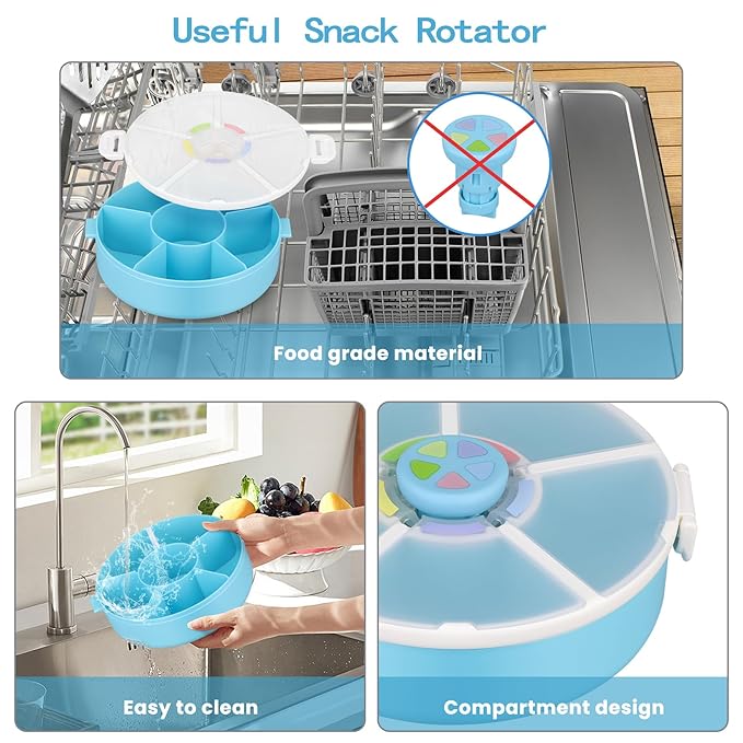 Snack Rotator Container Reusable Snack Box with 5 Compartment Dispenser and Lid, Color Matching Opening Lid, BPA and PVC Free, for Home, School, Travel (1 Pack- Blue)
