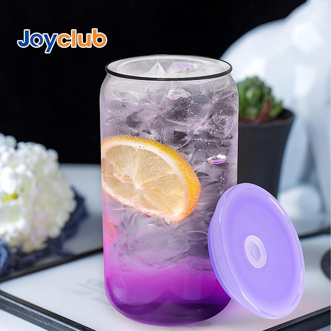 Joyclub 4 Pack Acrylic Lids for 16 oz Glass Cups with Bamboo Lids and Straws Reusable Iced Coffee Cup Beer Can Drinking Glasses for Smoothie Whiskey Boba Soda Tea Gift (Purple)