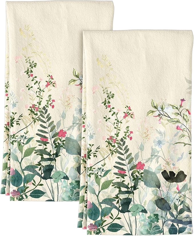 Flour Sack Kitchen Towels Set of 2-18x26 Cotton Dish Towels with Hanging Loop Reusable Tea Towel for Cleaning Spring Absorbent Dishcloths Cute Home Decor Housewarming, Ink Flowers