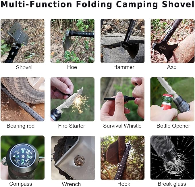 Survival Shovel Survival Axe, Camping Folding Shovels Hatchet with 19.2-37.8inch Lengthened Handle Enlarged Shovelhead High Carbon Steel with Storage Pouch for Camping Cycling Hiking