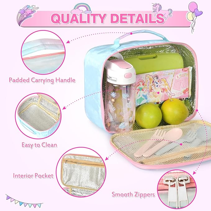 Lunch Box Kids, 11" L x 7" W x 3.5" H, Waterproof Reusable Insulated Lunch Bag for Girls, Cooler Bento Boxes Containers & Snacks for Elementary School Travel (Butterfly Purple)