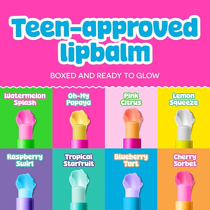 BeYoutiful Skincare Natural Lip Balm Set of 8 for Teens, with Shea Butter & Vitamin E, 8 Fruity Flavors In a Gift Box, Great Stocking Stuffer Gifts for Kids Girls, Tweens and Teens
