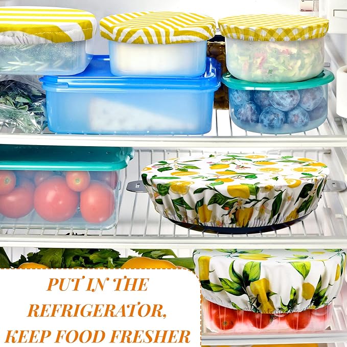 10 Pack Cloth Bowl Covers for Bread Rising - 5 Size Stretch Elastic Food Storage Container Lids - Reusable Cotton Fabric Covers for Food, Fruits, Leftovers (Lemon)
