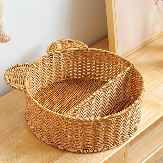 Natural Woven Bear Ear Wall Shelf Handmade Storage Basket for Small Plants and Books Decorative Floating Organizer with Unique Animal Design