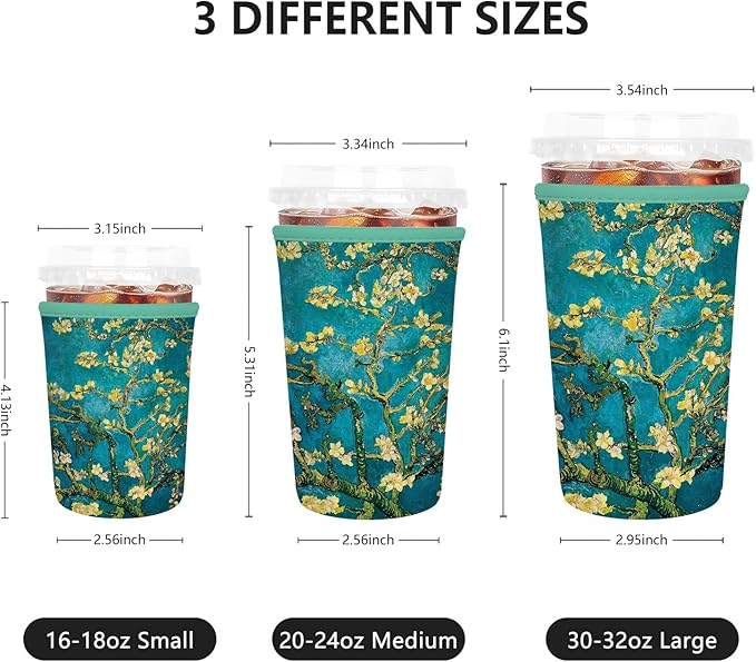 Iced Coffee Sleeve, Reusable Insulated Neoprene Cup Sleeve for Cold & Hot Drinks Beverages, Cup Holder for 22-24oz Coffee Cups, Van Gogh Apricot Tree