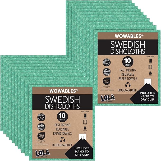 LOLA Swedish Dishcloths, 20 Pk Biodegradable Reusable Paper Towels Absorbent Cellulose Kitchen Sponge Cloths Zero Waste Odor Free, Made in Germany
