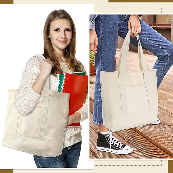 Reginary 16 Pcs Canvas Tote Bags Bulk with Outer Pocket 18 Inch Reusable Shopping Grocery Blank Tote Bag for Women Mother DIY