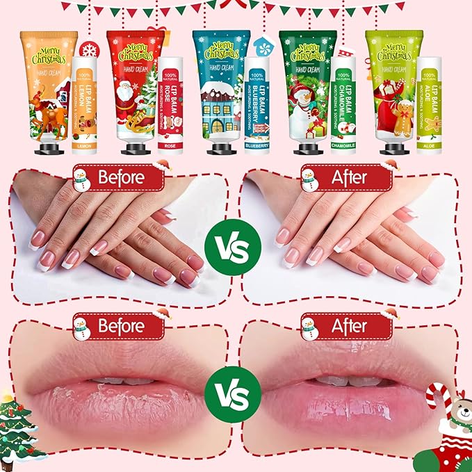 VESPRO 50 Pack Christmas Hand Cream and Lip Balm Gift Set, Bulk Christmas Gifts with Christmas Cards and Organza Bag, Christmas Decorations, Party Favors and Stocking Stuffers for Women