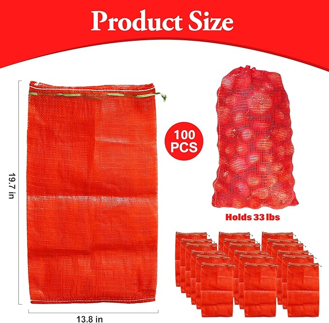 100 Pack 20'' x 14'' Mesh Onion Bags, Reusable Drawstring Fresh Produce Storage Bags for Onions, Vegetables, Potatoes, Citrus, Crawfish Firewood