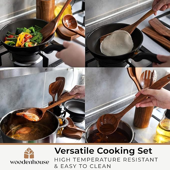 Wooden Spoons for Cooking – Wooden Cooking Utensils Set with Holder, Spoon Rest & Hooks, Teak Wood Nonstick Kitchen Cookware – Durable Set of 12pcs by Woodenhouse - Unique Kitchen Gifts for Women Men