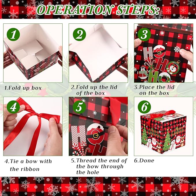 3 Pcs Christmas Nesting Gift Boxes Buffalo Plaid Xmas Stackable Boxes Black Red Decorative Xmas Nested Present Boxes with Lids and Ribbon for New Year Birthday Party Gift(Santa)