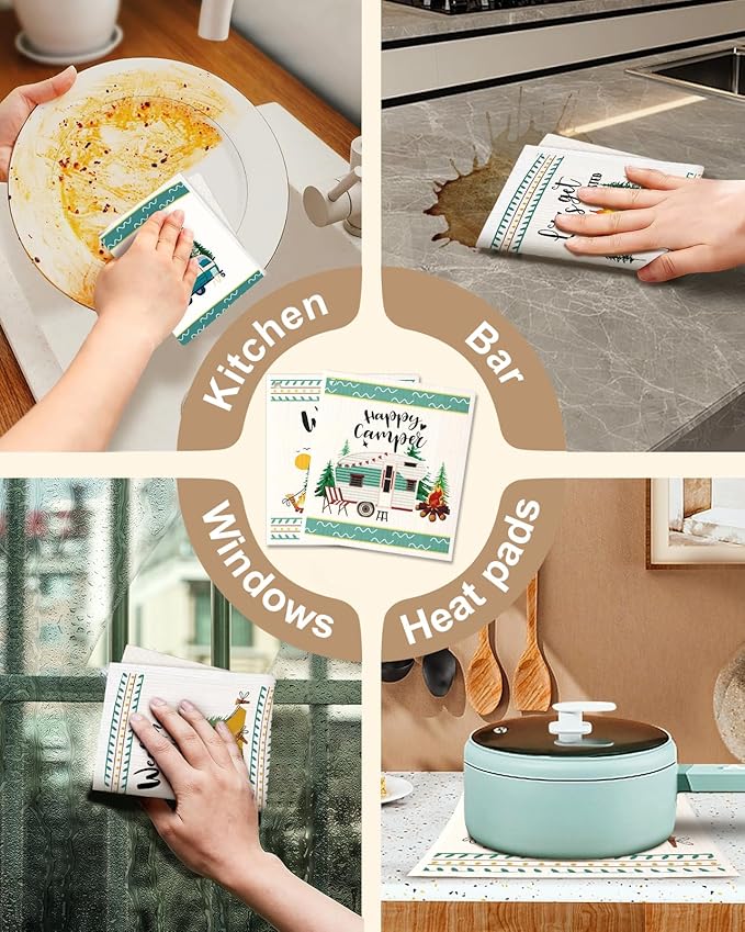 Swedish Dishcloths for Kitchen with Hooks - Reusable Dish Cloths for Washing Dishes Fast Drying Cute Fun 5 Pack Swedish Dish Towels Washable Cleaning Sponge, Green Camping