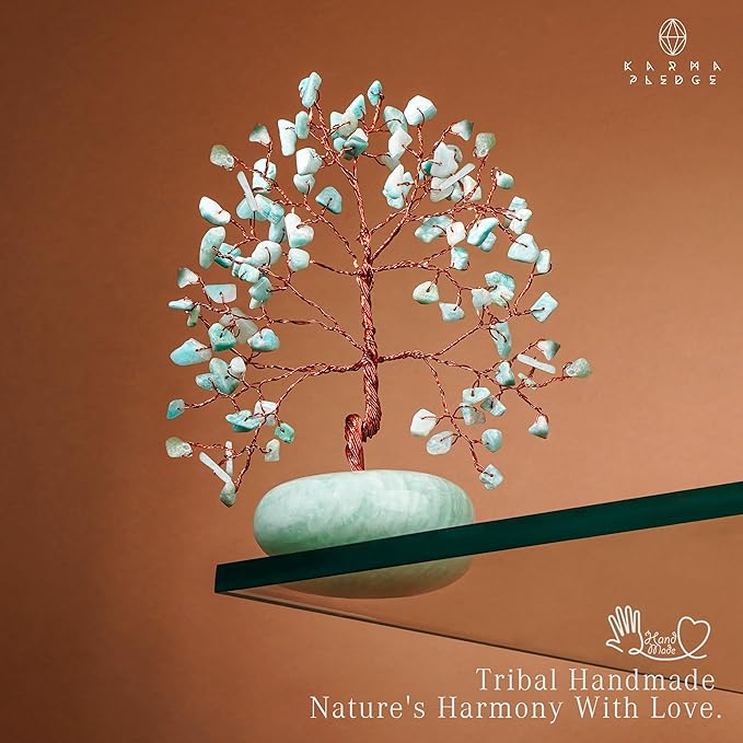 KARMAPLEDGE Crystal Tree of Life Home and Office Feng Shui Decor, Amazonite Healing Crystal Handmade Bonsai Tree for Positive Energy, Good Luck, Money, Christmas Decor, Birthday Gifts for Women, Mom