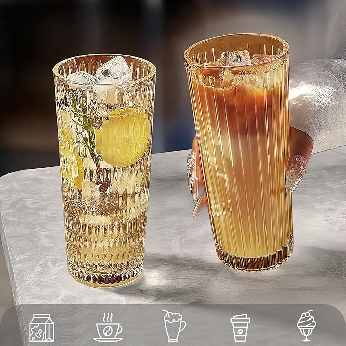 Puraville 2 Pack 18oz Glass Cups with Lids and Straws, Vintage Ribbed Striped Thickened Glassware for Whiskey Cocktail Beer, Mason Jar Drinking Glasses Tumbler Iced Coffee Cup, Amber