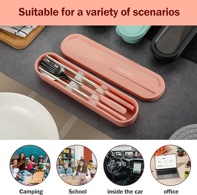 Travel cutlery set, 18/8 stainless steel cutlery, Reusable utensils set with case, Portable Silverware Lunch Box for Camping and Office (Pink)