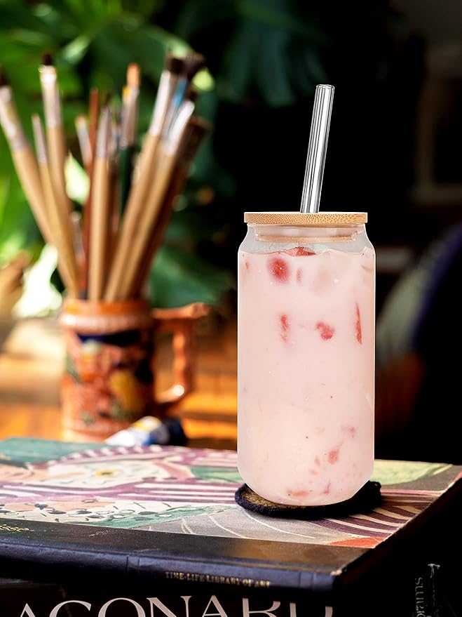 ANOTION Bamboo Lids for Can Shaped Glass, Mason Jar Lids with Straw Hole, 4 Reusable Bamboo Drinking Lid for Regular Mouth Mason Jar with 4 Reusable Glass Straw for Coffee Cup