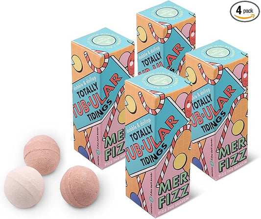 Dabble & Dollop Totally Tub-ular Tidings Merry Fizzfest Mini Bath Bombs Stocking Stuffer - Holiday Gift Set of Three Fizzy Natural Bath Bombs for Kids (Pack of 4)