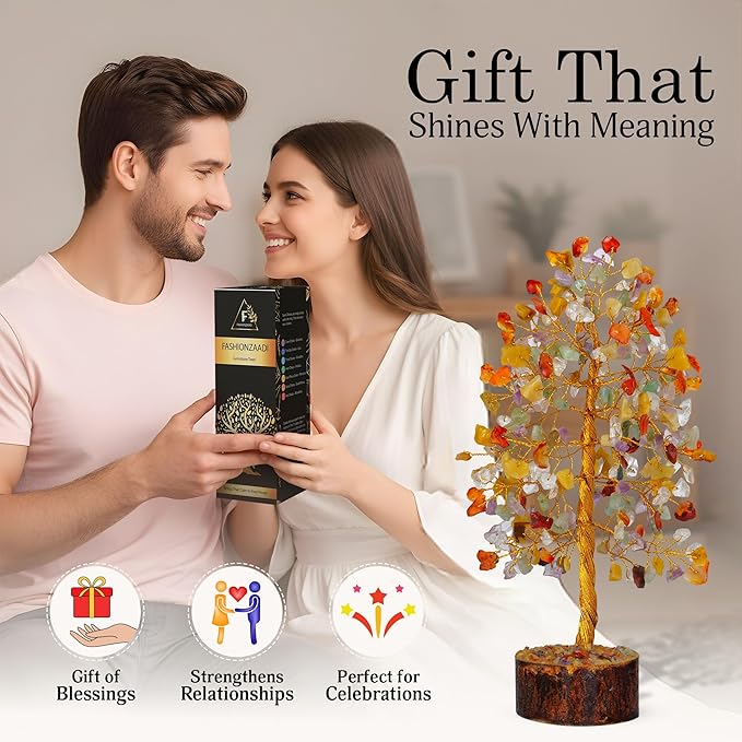 FASHIONZAADI Gemstone Money Tree Reiki Healing Chakra Balancing Handmade Bonsai Trees Spiritual Gift Aura Cleansing Good Luck Home Decor (Mix Chakra Golden Wire)