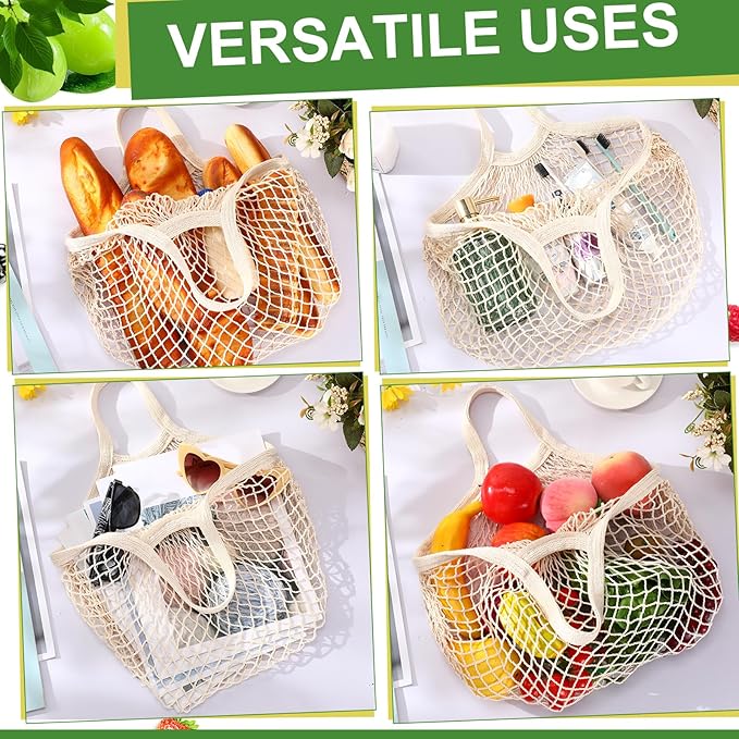 Paterr 4 Pack Cotton Mesh Produce Bags Bulk Reusable Market Bag Washable Net Grocery Purse String Shopping Tote Beach Organizer for Vegetable Fruit Picnic Food Storage (Short Handle,Beige)