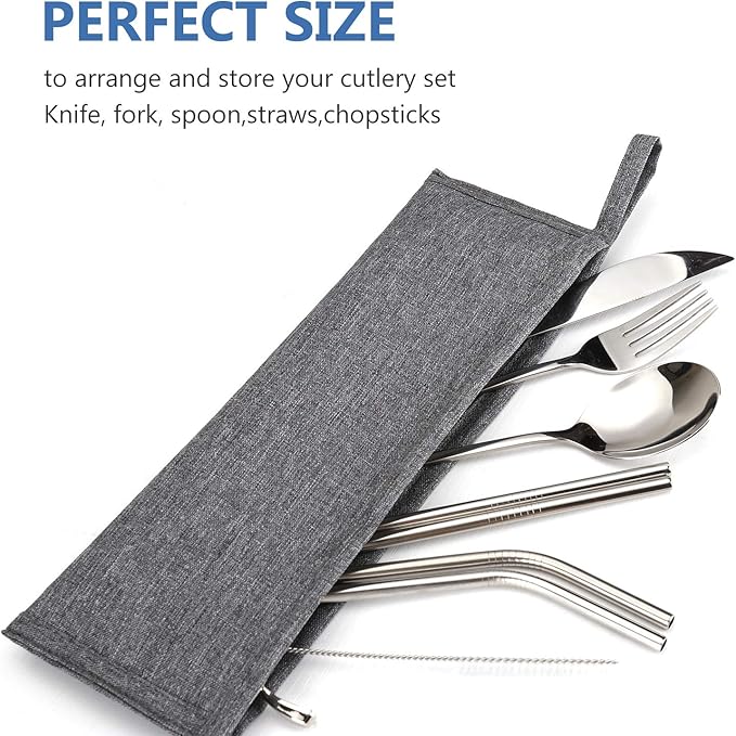 Aosbos Reusable Straws Carrying Case Stainless Steel Straws Pouch Metal Straws Bag Silicone Straws Case Chopsticks Case Portable Cutlery Set POUCH Travel Utensil Sets CARRYING CASE, Grey