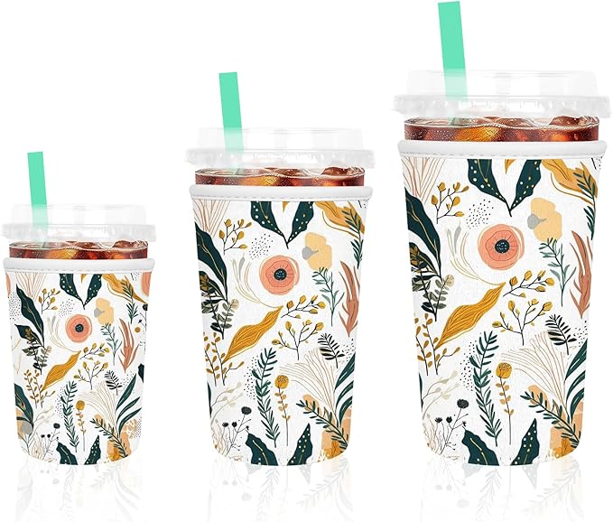 3 Pack Iced Coffee Sleeve, Reusable Insulated Neoprene Cup Sleeve for Cold & Hot Drinks Beverages, Cup Holder for 16-32oz Coffee Cups, Beautiful Flowers