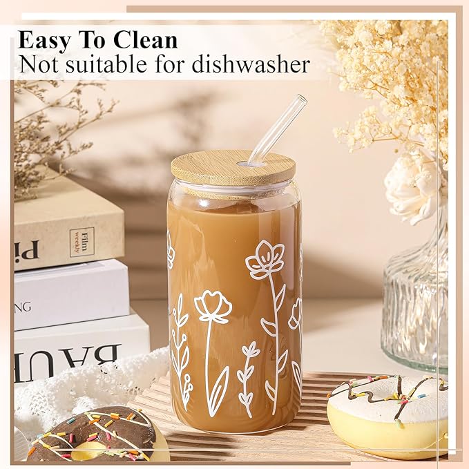 Mumufy Gift for Women Cute Glass Cup Tumbler Flower Iced Coffee Mugs 16 oz Glass with Bamboo Lid & Straw, Mothers Day Birthday Gift for Mom Sister Bridesmaid Baby Shower(1 Pack,Boho Floral)