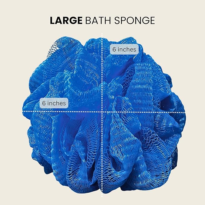 Large Blue Bath Sponge Pack of 3 – Gentle Exfoliation Loofahs with Suction Cup, 70G Mesh Poufs for All Skin Types, Lather for Daily Use