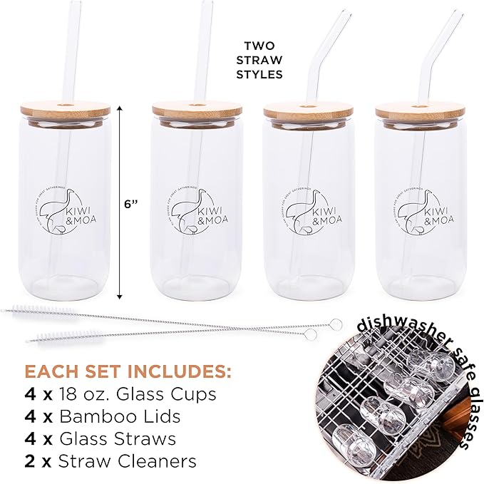 KIWI & MOA Drinking Glasses 18oz Capacity, with Bamboo Lids and Glass Straws, Set of 4, for Mixed Drinks, Cocktails, Beer, Iced Coffee/Tea, Fresh Juice, Smoothies, Parties/Gifts (Branded)