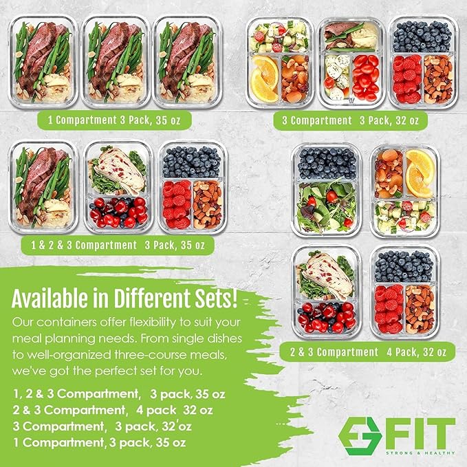 FIT Strong & Healthy Glass Meal Prep Containers, 2 & 3 Compartments - Portion Control, Lunch Container Set, Food Storage, Airtight Lids, Oven & Freezer Safe, Leak-Proof Bento Box, 32 oz, Blue, 4 Pack