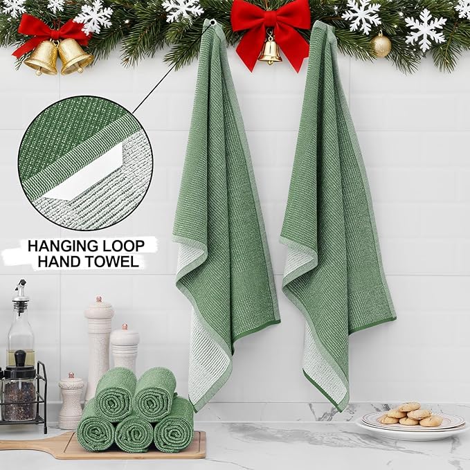Homaxy Premium Kitchen Towels(18”x 28”, 6 Pack), Large Cotton Kitchen Hand Towels, Flat and Terry Dish Towels, 380 GSM Highly Absorbent Tea Towel Set with Hanging Loop, Grass Green