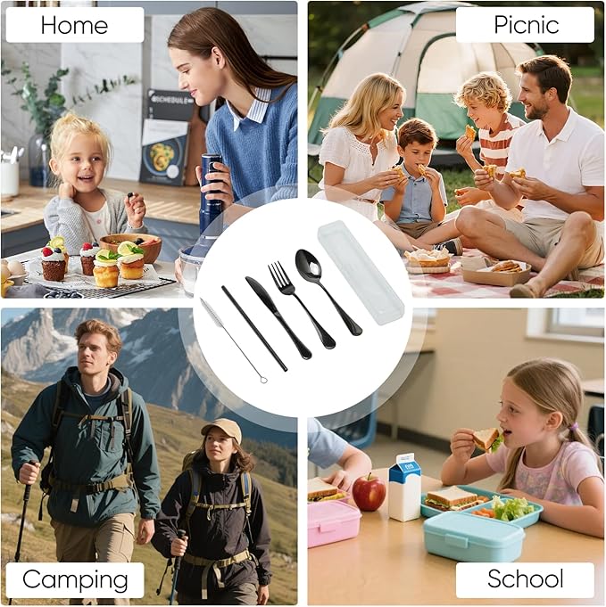 Travel Camping Utensils with Case, 6 Pcs Reusable Stainless Steel Silverware Cutlery Set, Spoon, Fork, Knife + Straw/Brush Kit for Camping, Travel, Office, Lunch Box, Eco On-the-Go (black)
