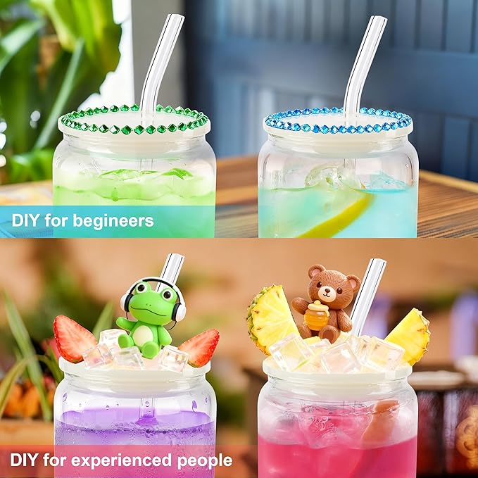 Joyclub 4 Pack Acrylic Lids for 16 oz Glass Cups with Bamboo Lids and Straws Reusable Iced Coffee Cup Beer Can Drinking Glasses for Smoothie Whiskey Boba Soda Tea Gift (Cream White)