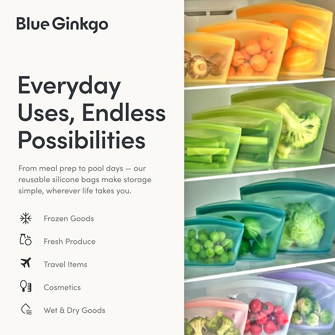 Blue Ginkgo Reusable Silicone Storage Bags – 3-Pack | Korean-Made Stand Up Food, Freezer Bags - Olive Green