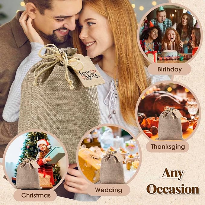 Homum 6 PCS 12x16 Inch Burlap Gift Bags with Drawstring and Gift Tags, Burlap Sack, Jute Bags for Christmas, DIY Craft