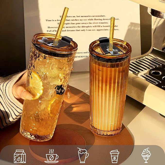 Puraville 2 Pack 18oz Glass Cups with Lids and Straws, Vintage Ribbed Striped Glacier Pattern Thickened Glassware for Whiskey Cocktail Beer, Mason Jar Drinking Glasses Tumbler Iced Coffee Cup, Amber