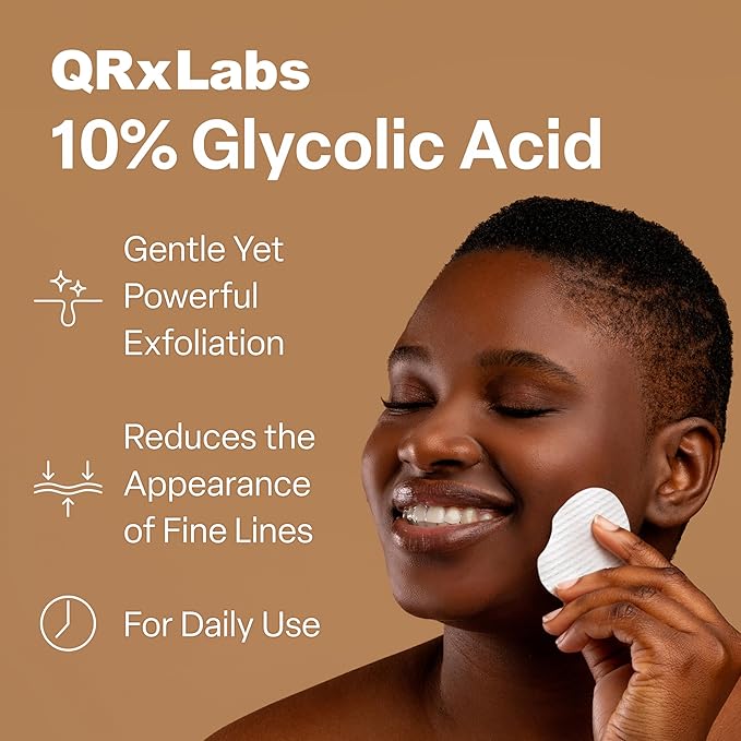 QRxLabs Glycolic Acid Pads - 10% Resurfacing Pads AHA for Face & Body - Exfoliates Skin Surface and Reduces Apperance of Fine Lines and Wrinkles - Daily Pads - 50ct