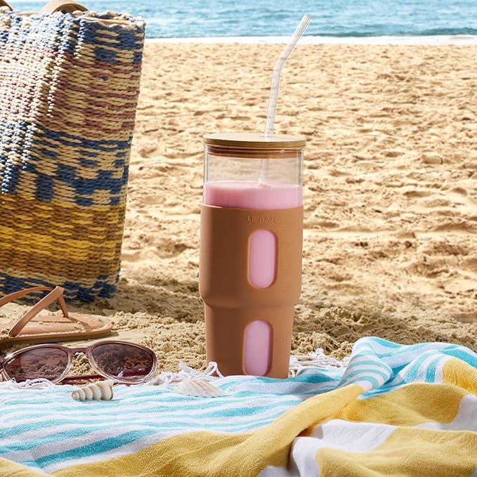 32oz Drinking Glass Tumbler with Bamboo Lid and Straw - Silicone Sleeve - Fits Car Cup Holder - Reusable Boba Smoothie Cup, Spill Proof Travel Water Bottle, Iced Coffee Tumbler, BPA Free - Amber.