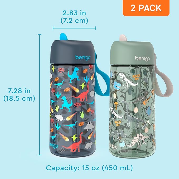 Bentgo Kids Water Bottle 2-Pack - Leak-Proof, Durable Tritan, BPA-Free 15 oz. Cup for Kids/Toddlers Ages 3+, Safe Sip Spout, & Dishwasher Safe for School/Sports/Daycare/Camp (Dinosaur/Dino Fossils)