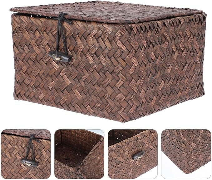 DOITOOL Multi-purpose Seagrass Woven Storage Basket with Lid Natural Organizer for Home Sundries Clothes and Desktop Lightweight Decorative Basket for Household Supplies