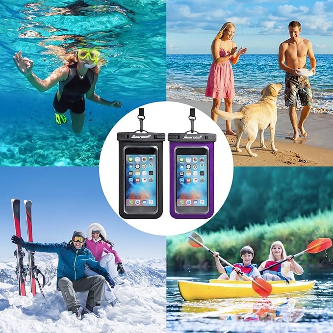 Hiearcool Universal Waterproof Phone Pouch Compatible for iPhone 17 16 15 14 13 Pro Max Plus Up to 8.3", IPX8 Beach Travel Essentials-Black&Purple-2Pack
