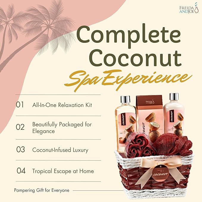 Coconut Spa Gift Basket, 6-Piece Bath & Body Set with Shower Gel, Body Lotion, Bath Salts, Soap Flowers, Bath Sponge in a Wicker Basket (Pink & Brown Set)