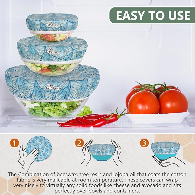 Li’l Things Beeswax Bowl Covers – Set of 5 (XS–XL) | Seashell Serenade | New Formula Beeswax Blend | Reusable & Washable Food Covers | Organic, Plastic-Free, Compostable (XS–XL)