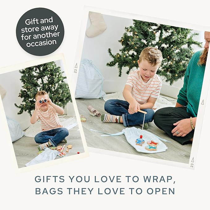 Gather & Knot Drawstring Gift Bags | 20" Large 12" Small | Premium Canvas | Reusable Fabric Wrap for Baby Shower, Birthdays, Hannukkah, Christmas | Blue Stripes
