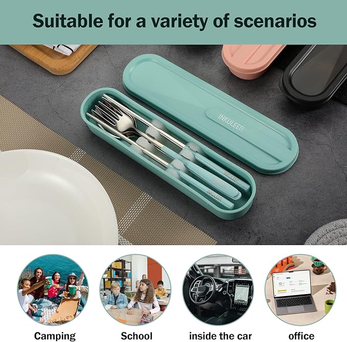 Travel cutlery set, 18/8 stainless steel cutlery, Reusable utensils set with case, Portable Silverware Lunch Box for Camping and Office (blue)
