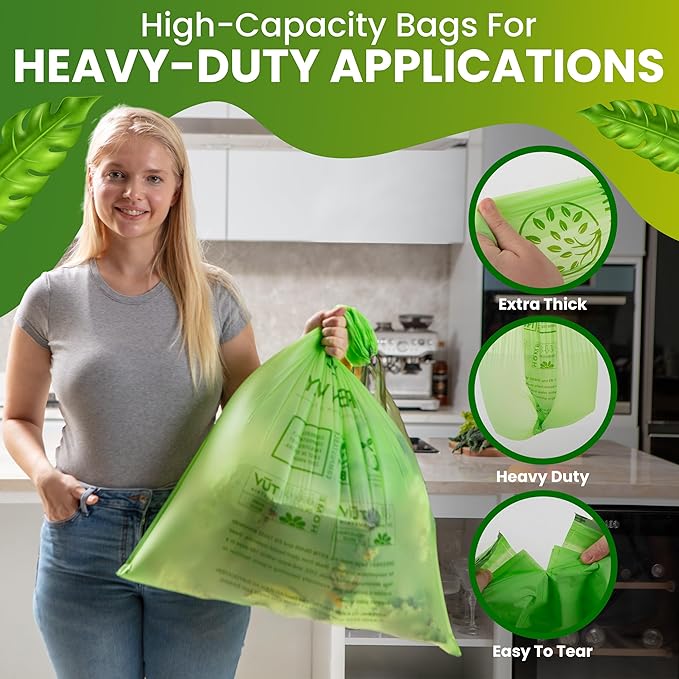 GREENWAY 13 Gallon Compostable Trash Bags Liners Drawstring, 50 Bags, Heavy Duty Extra Thick 0.90 Mil, Tall Kitchen Food Scrap Waste Bags, US BPI and Europe OK Compost Home Certified