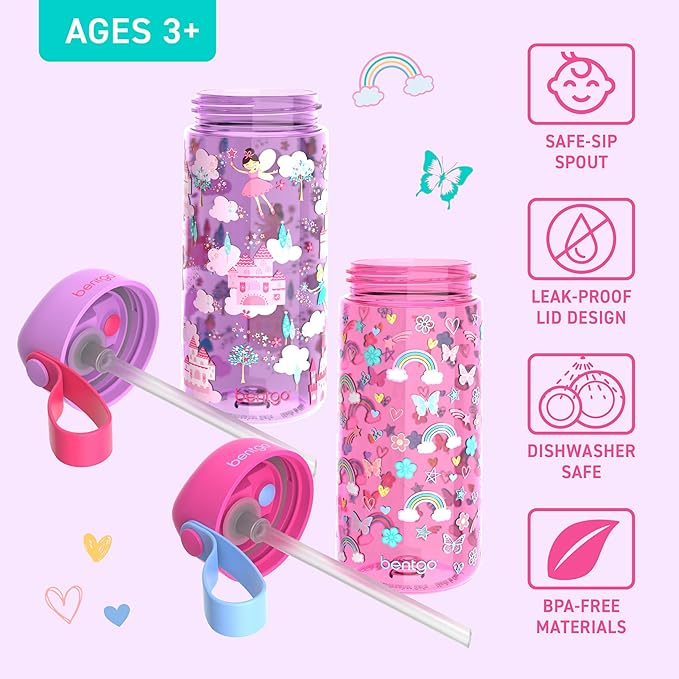 Bentgo Kids Water Bottle 2-Pack - Leak-Proof, Durable Tritan, BPA-Free 15 oz Cup for Kids/Toddlers 3+; Flip-Up Straw; Dishwasher Safe for School/Sports/Daycare/Camp (Rainbows & Butterflies/Fairies)