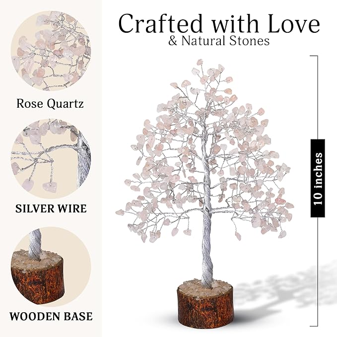 FASHIONZAADI Rose Quartz Crystal Tree, Silver Wire Feng Shui Gemstone Decor, Chakra Healing Stones Crystal Decor, Artificial Bonsai Money Tree, Good Luck Spiritual Gifts for Women & Men