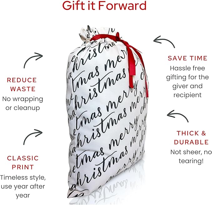 Gather & Knot Drawstring Christmas Gift Bags | 20" Large 16" Medium | Premium Canvas | Reusable Fabric Wrap for Holidays | Mix & Match | White Merry Christmas