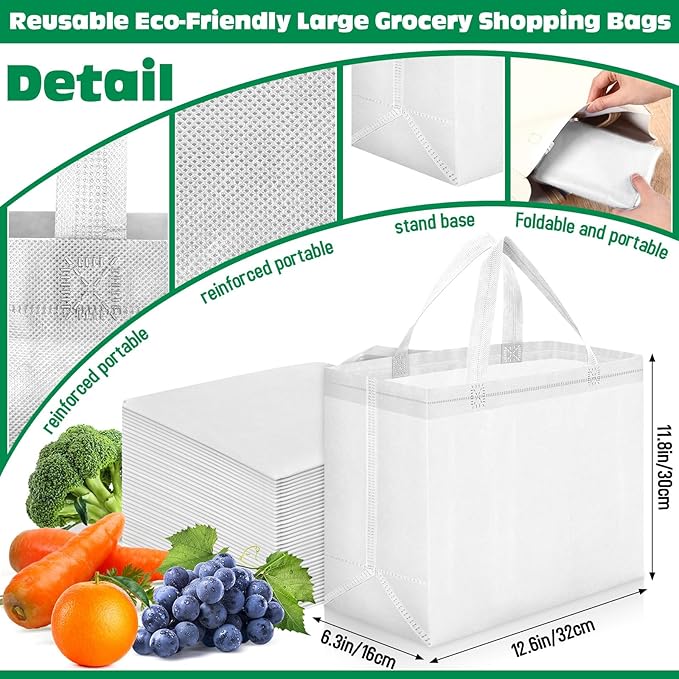 Windyun Reusable Grocery Bags Large Non Woven Shopping Bags with Handles Foldable Portable Tote Bulk, 12.6 x 11.8 x 6.3 Inch
