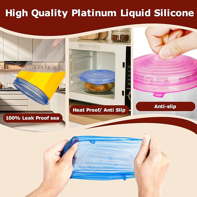 Silicone Stretch Lids, 6 Pack Silicone Lids, 6 Sizes Silicone Bowl Covers Reusable for Cups, Bowls and Dish, Flexible, Round and Rectangle Fit